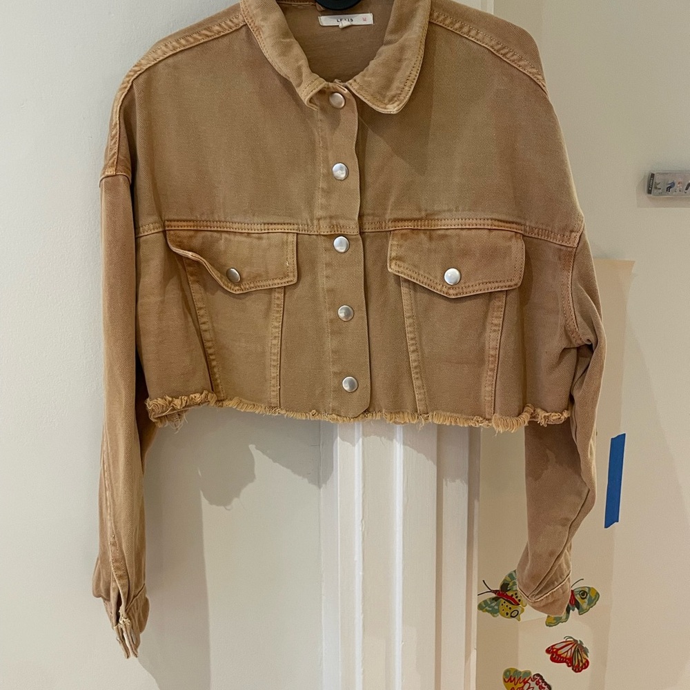 Le Lis Tan Cropped Jean Jacket with Distressed Hem